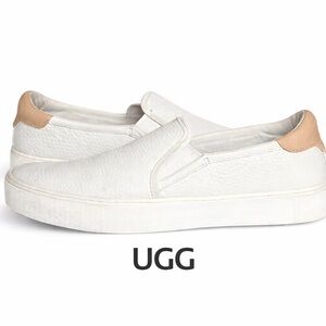 UGG Sammy White Leather Slip-On Sneakers | Tan Heel Logo | Size 10
